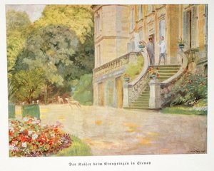 William, príncipe herdeiro da Alemanha com o Kaiser em Gtenan, pub. 1918 (litografia a cores) de William Friedrich Georg Pape